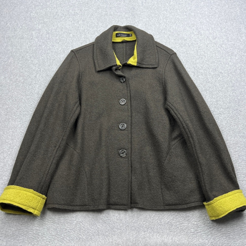 Cut Loose Boiled Wool Jacket Womens L/XL Brown Button Front Contrast Trim Blazer